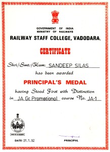 Principal Railway Staff College Award for having stood 1st with Distinction